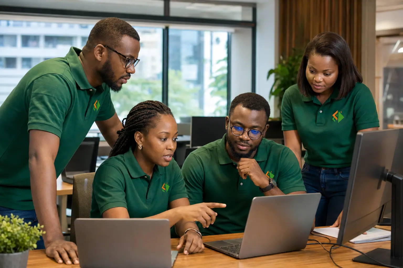 Équipe informatique Société Ivoire Plus International SARLU travaillant ensemble dans un bureau
